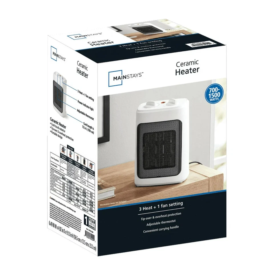 Mainstays 1500W Ceramic Fan-Forced Electric Space Portable Heater White Open Box - Image 3 of 4