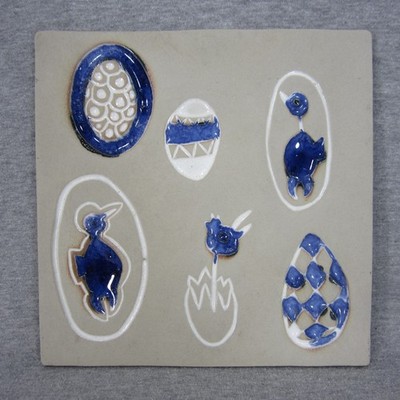 Bennington Pottery 8'' x 8'' Tile with Blue Chicks and Eggs 1535 Wall Hanging