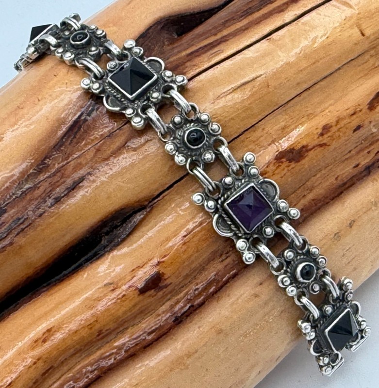 VTG MATL STYLE Sterling & OBSIDIAN Panel Link Bracelet 7.25 In 48 Grams TAXCO