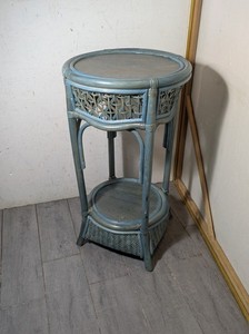Vintage Boho Chic Coastal Blue Bamboo Wicker Rattan Plant Stand 2-Tier Table S35