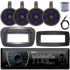 Pyle 1-DIN Marine Receiver W/Kit  Adapter, 4x 4" Wakeboard LED Tower Speakers