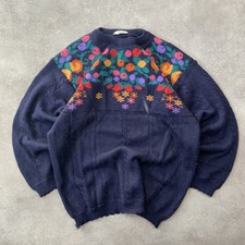 Concept Knitwear Floral Jumper Womens Large Vintage Made In England Sweater Navy