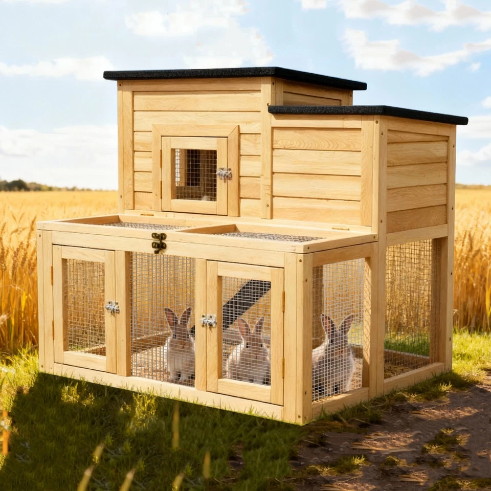 Gallinero de madera para conejos de 2 niveles con funcionamiento - resistente a la intemperie al aire libre Foto 2 de 4