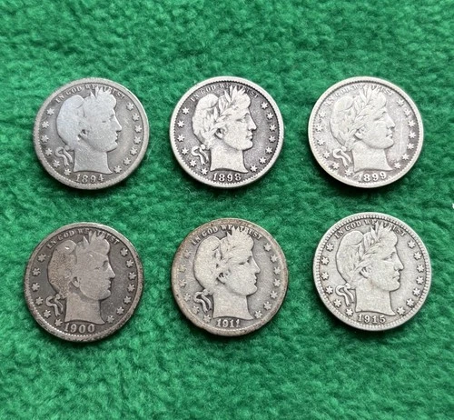 Barber Quarter Lot of 6 Coins - 90% Silver - Detail Remains - Nice Dates - 👀!!