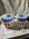 USA Flag Milk Glass Glasbake 2 Coffee Cups Red White & Blue, VINtage Very Nice!