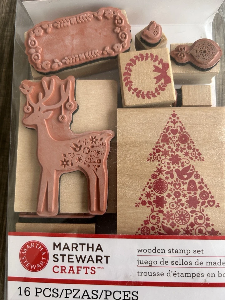 Lote 10 Piezas Estampillas Ciervos Árbol de Navidad Adornos Martha Stewart Madera Goma Foto 3 de 4