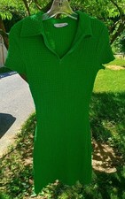MNG Bodycon Retro Collared Dress Bright Green sz 4 Waffle Fabric Zip Front EUC