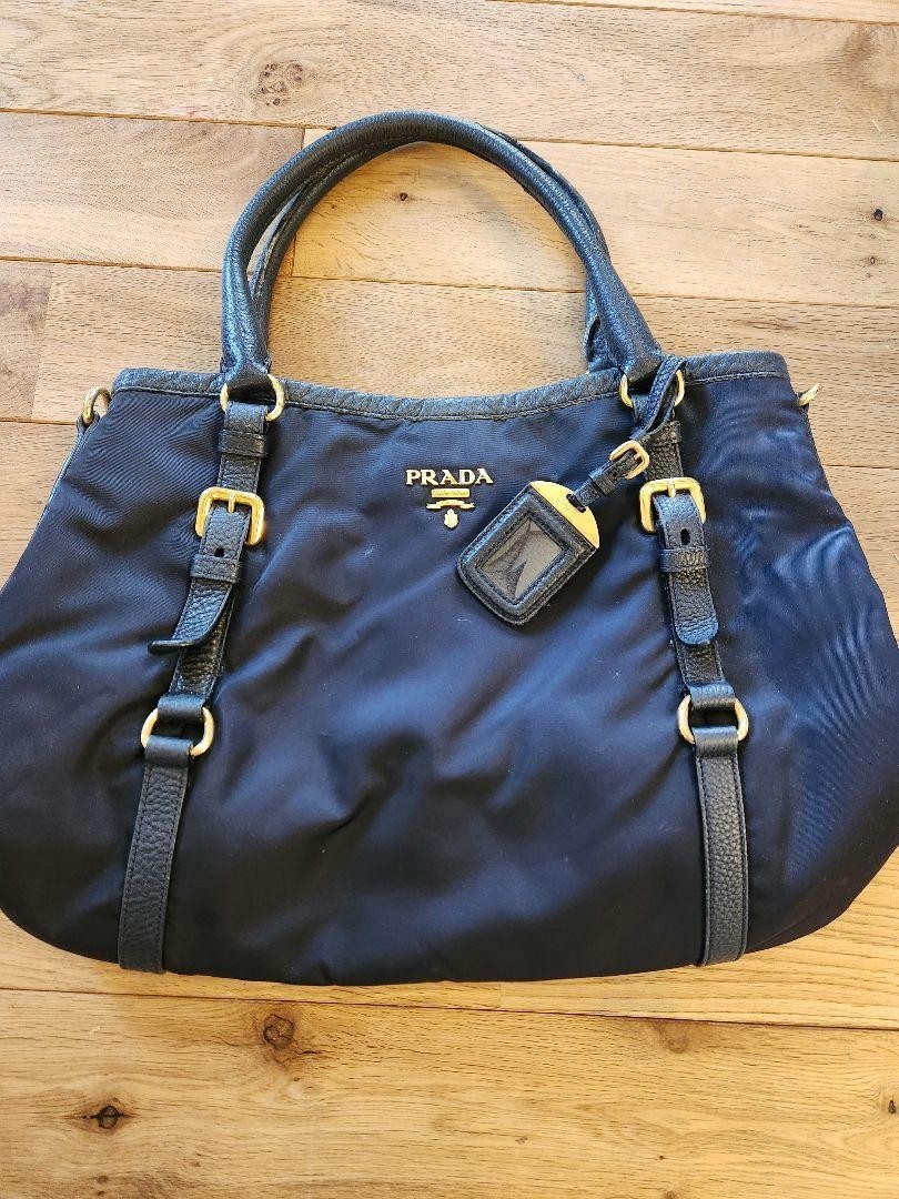 Authentic PRADA Nylon Tote Bag Navy Blue Shoulder Handbag Triangle