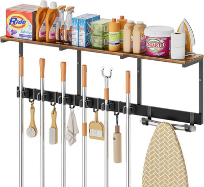 Wall-Mount Broom Holder & Cleaning Organizer with Hooks for Home & Garage