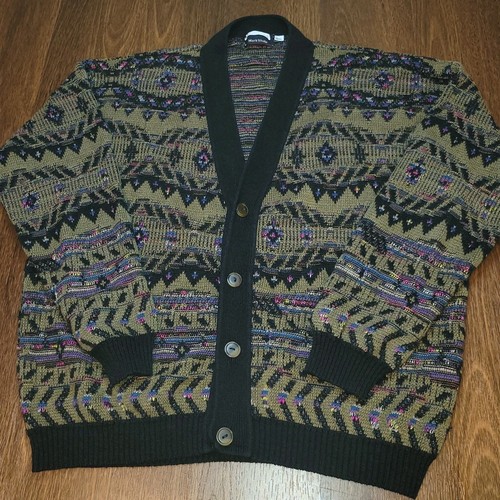 VTG MARK SHALE Knit Cardigan Sweater Buttons Multi Color Geometric Womens XL - Picture 1 of 10