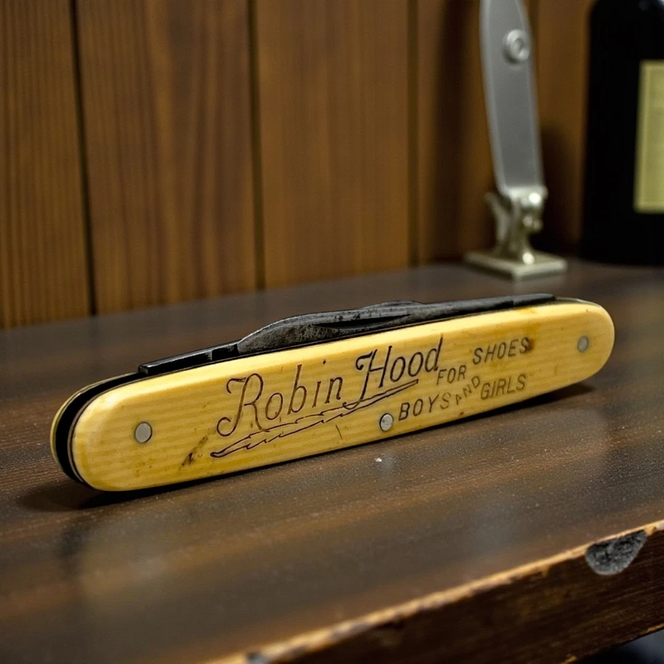 Cuchillo de Bolsillo Zapatos Robin Hood De Colección 2 Hojas Celuloide Mango Publicitario Foto 2 de 4