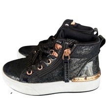 Skechers Shoutouts Deluxe Black rose gold hi top side zip little girl SZ 11.5