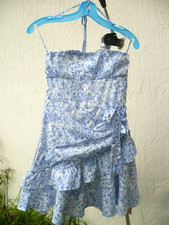 SHEIN S M EMPIRE WAIST RUFFLED TIER DRESS BOW HALTER BLUE FLORAL RUCHED TAG NEW