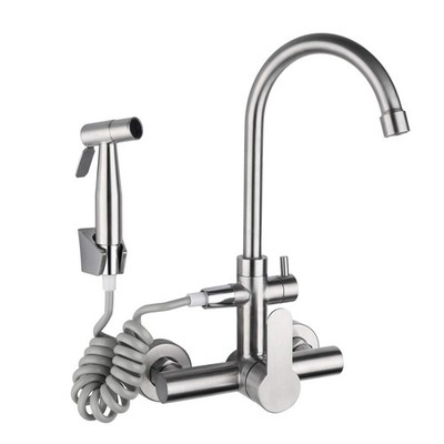 Kitchen Wall Mount Faucet 360 Swivel Stainless 2Hole Sink Tap with Bidet Sprayer
