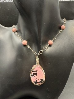 Sterling Silver Wire Wrapped Rhodochrosite Pendent Faceted Bead Necklace Art D2