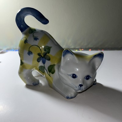 Cat Kitten Coin Bank, Blue Eyes, Playful cat With Yellow Lines And Blue Flowers