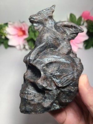 5'' 592g Detailed A+ Flying Dragon On Skull Garnet Arfvedsonite Crystal Carving