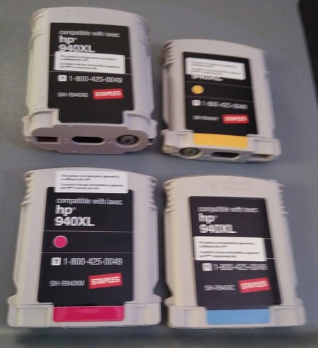 Lot 4 Empty Staples HP 940XL compatible ink cartridges yellow cyan magenta black - Picture 2 of 4