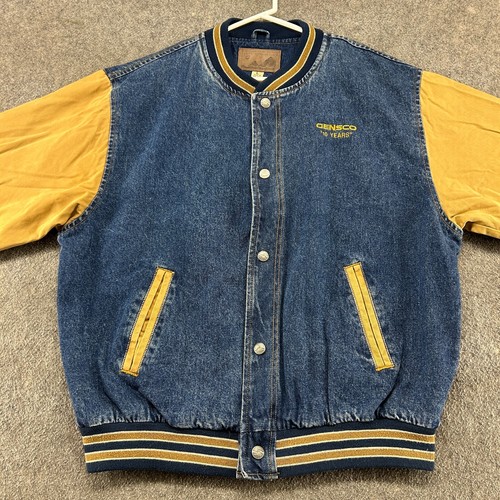 VINTAGE Jacket Mens Large Blue Tan Brown Varsity Denim Cotton Port Authority 90s - Picture 4 of 13