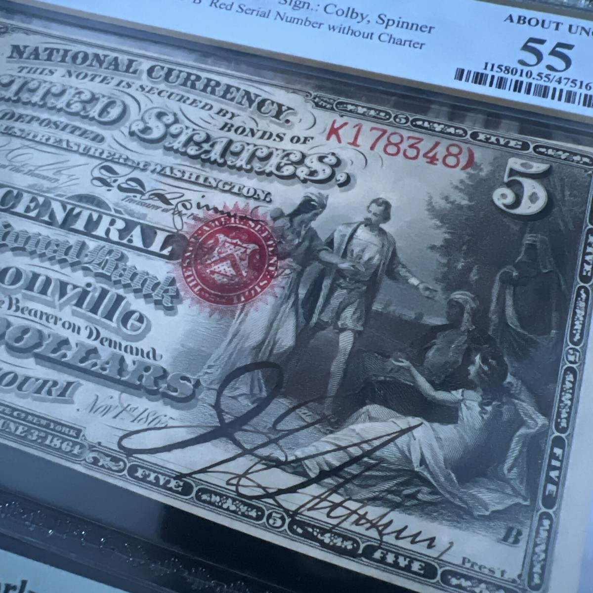 Original Series $5 National Bank Note Fr#397a. Boonville