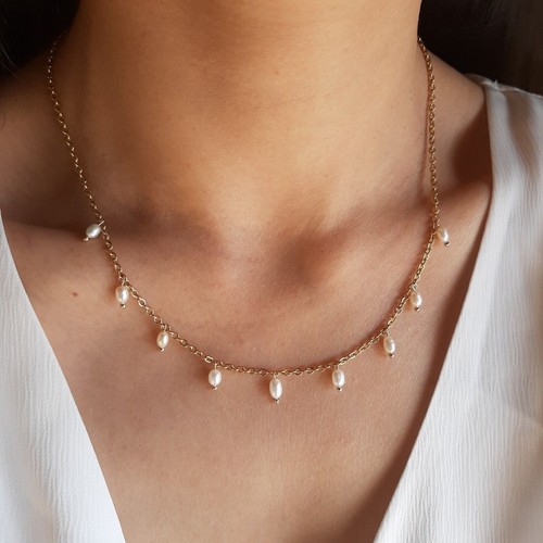 Collier Minimaliste Perle Culture D'eau Douce - Chaîne Plaqué Or Jaune 14k - Longueur 45 Cm - Neuf