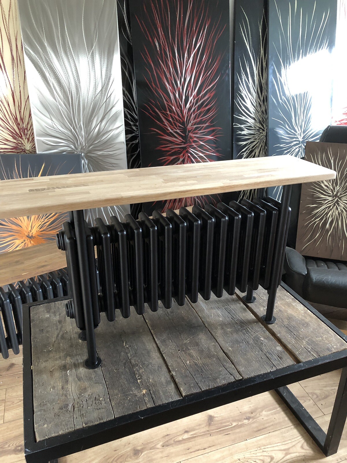 Column Designer Radiator Black With Oak Bench 550/1600/240 4500 BTU | eBay