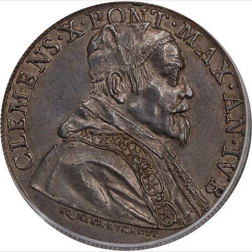 Moneda de Plata Piastra 1675 ESTADOS PAPALES Roma Casa de la Moneda Clemente X Año Santo PCGS AU-Det - Imagen 2 de 3