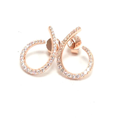 Rose Gold Vermeil 925 Sterling Silver CZ Stone Curved Open Loop Earrings New