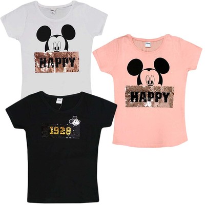 Disney Minnie Mickey Mouse Damen-T-Shirt mit zweiseitigen Pailletten Baumwolle 