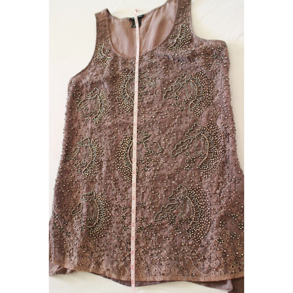 Camiseta sin mangas Club Monaco rosa malva marrón seda encaje adornada con cuentas talla XS/TP Foto 3 de 4