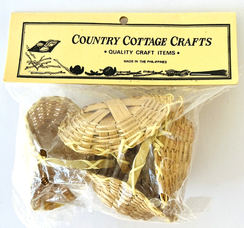 4 Miniature Handmade Woven Rattan Flower Gathering Baskets New in Package 3"