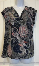 DR2 Womens Floral Blouse Top Womens Small Blue Cap Sleeve Chiffon Casual