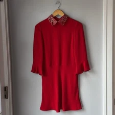 Valentino Red Silk Leather Collar A Line Flutter Mini Dress Size 40