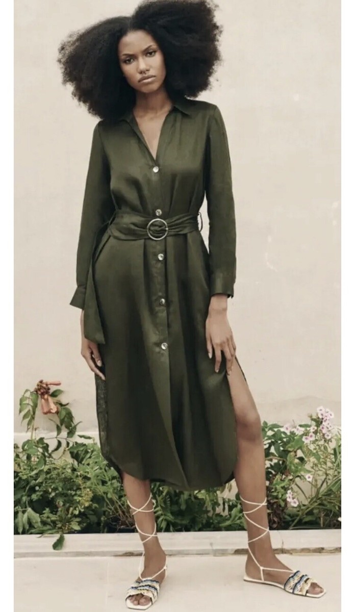 chinese dress ladies Zara Khaki Linen Blend V-neck Short Puff Sleeve Tiered Mini Babydoll D   Brie