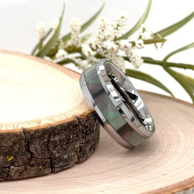 8mm Silver Tungsten Carbide Christmas Gift Ring Polished Faceted Opal Inlay Band