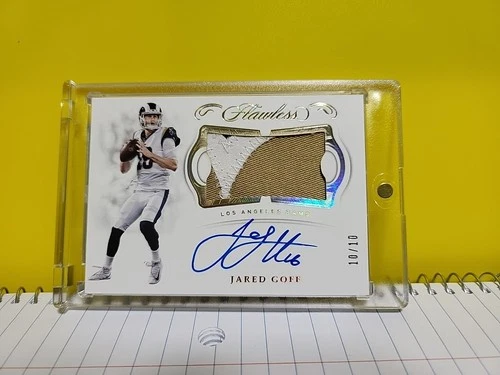 JARED GOFF 2018 PANINI FLAWLESS ON CARD AUTO 3 COLOR PATCH TO 10!! BOOKEND!!...