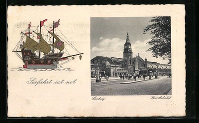 Hamburg-St.Georg, Hauptbahnhof, Segelschiff, Ansichtskarte 1941 