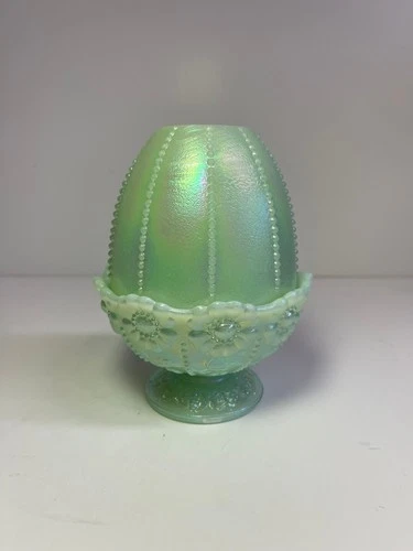 Fenton Art Glass Green / Iridescent Candle Holder / Lamp with Shade ~ 6" tall