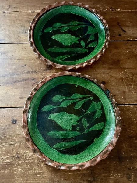Pair Of Mexican Patamban Hand Painted Folk Art Green Brown Red ware Fish Plates