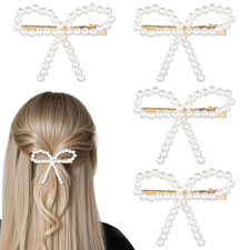 4Pcs Pearl Bow Hair Clips, Elegant Pearl Hair Accessories with Bow Design, Non-S