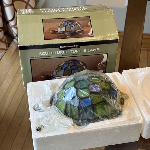 Home Essentials Sculpted Turtle Lamp Glass Shade Antique Brass Finish
