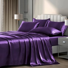 Satin Sheet Set 6Pc Luxury Silky Purple DeepPocket Fitted Flat 4 PillowCases