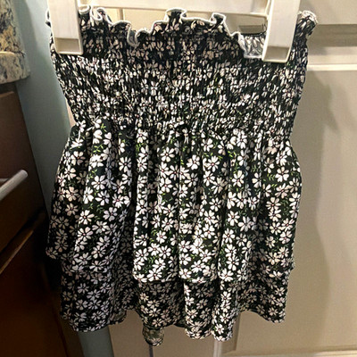 Girls Black & White Floral Smocked Pull-On Elastic Waist A-Line Skirt 10