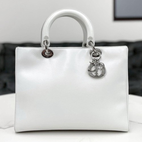 Dior Lady Dior Large Handbag Lambskin White Leather Silver Hardware