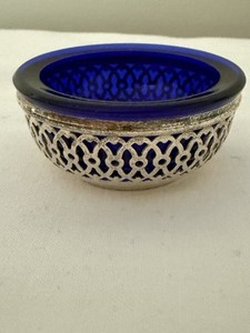 Antique Webster Sterling Salt Cellar Cobalt Blue Glass Liners