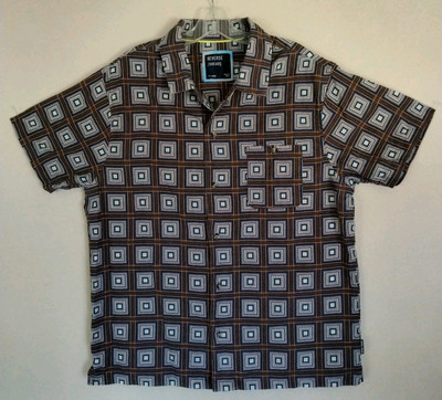 Reverse Threads Mens XL Shirt Brown Blue Square Geometric Print Rowan Button Up