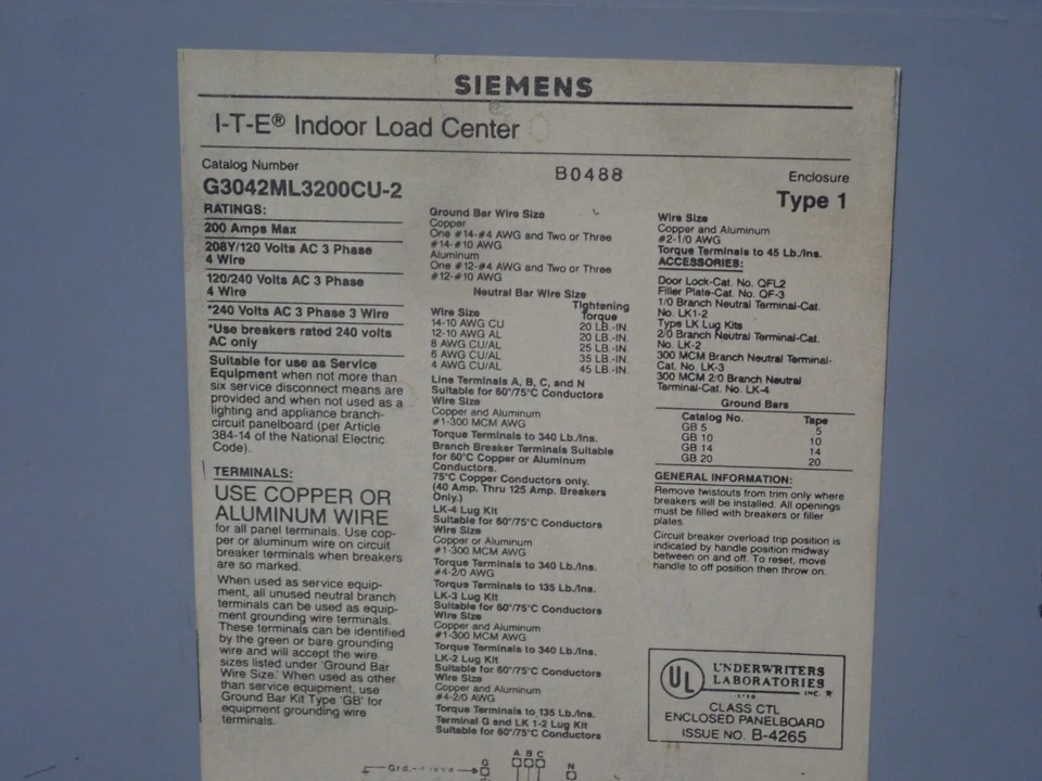 ITE G3042ML3200CU-2 200 安培主凸耳 3 相装载中心 208 伏冲洗门 P434 — 第 2/4 张图片