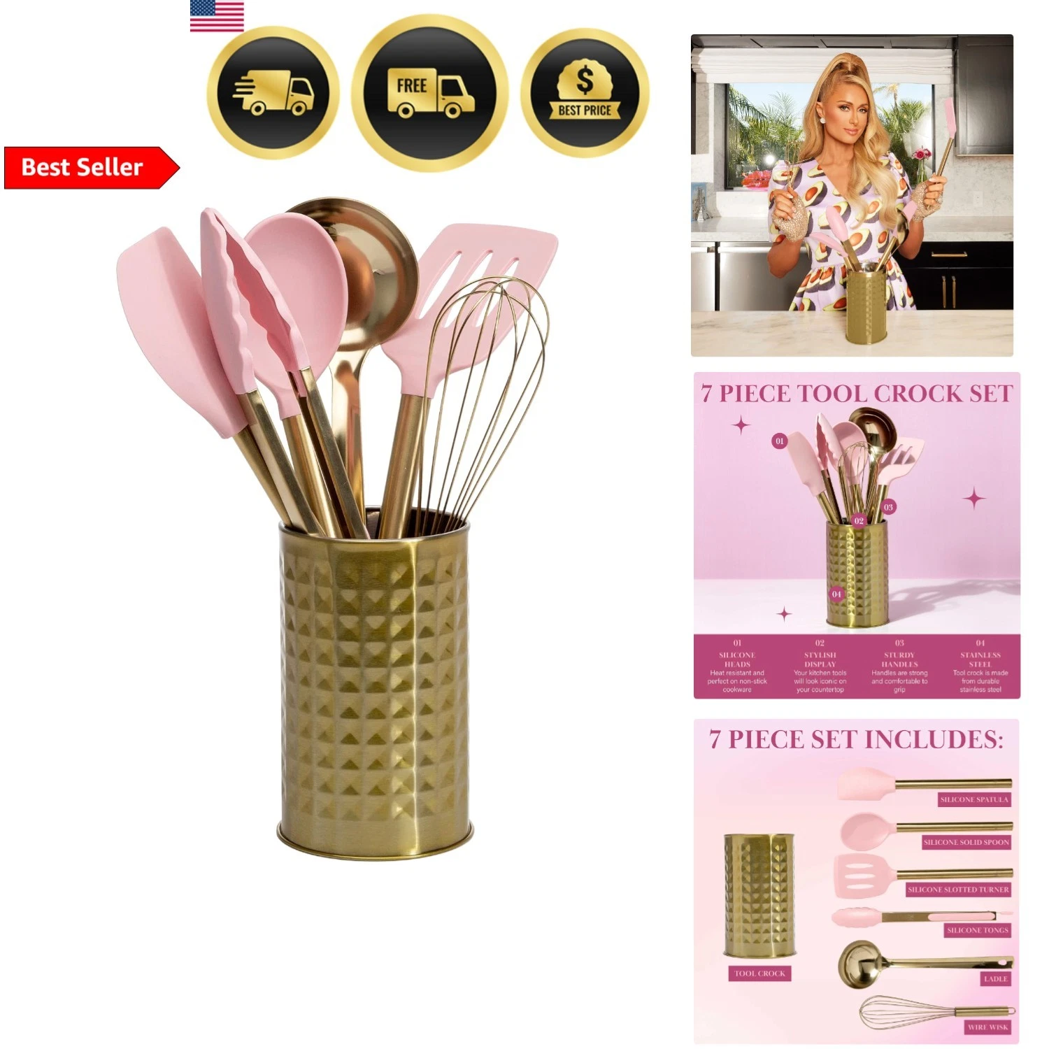 Kitchen Tool Set Crock Silicone Utensils Stainless Steel Whisk Ladle 7-Piece