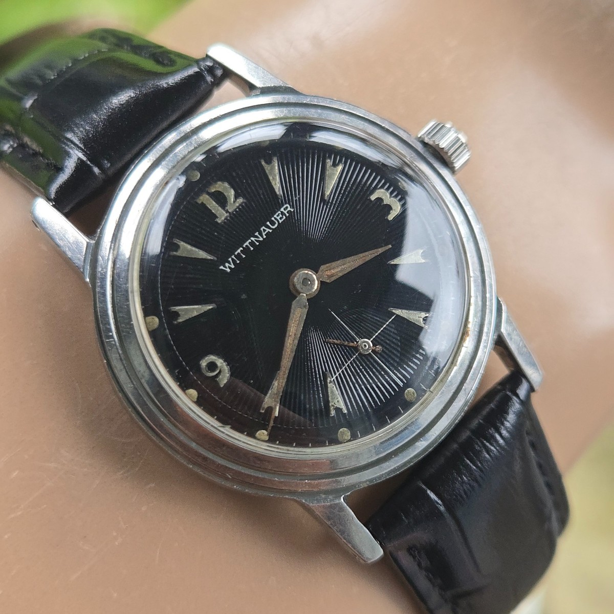 Vintage WITTNAUER men's manual wind watch Black Sunburst dial