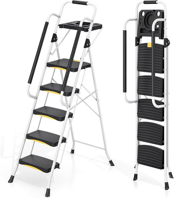 Sturdy 5-Step Ladder with Tool Tray, Safety Lock & Anti-Slip Pedals